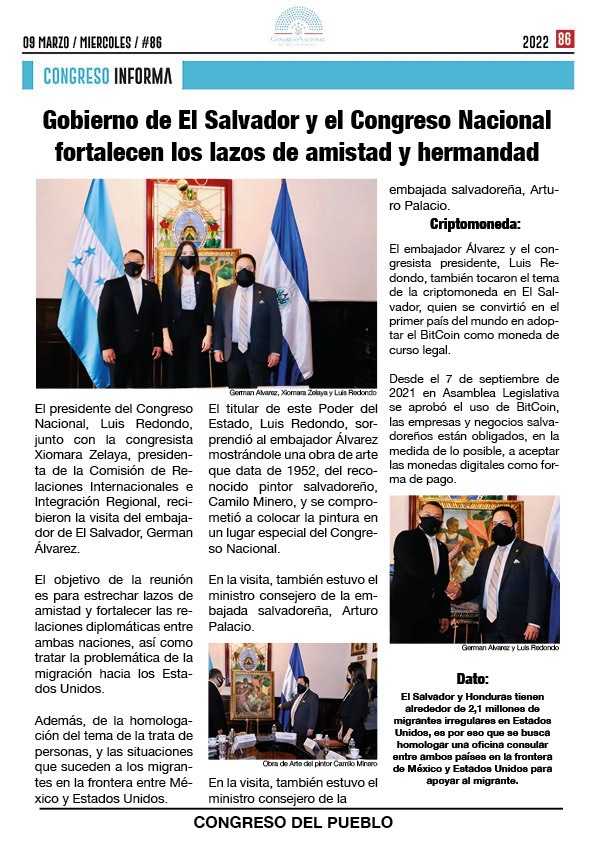 Gobierno de El Salvador y el Congreso Nacional fortalecen los lazos de amistad y hermandad